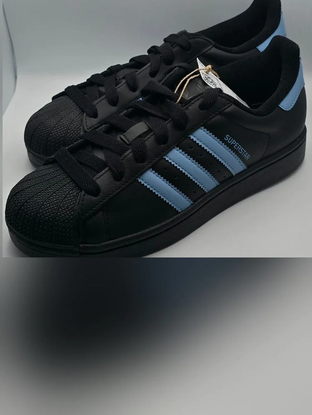 Adidas Superstar Black Sneaker with Light Blue Stripes